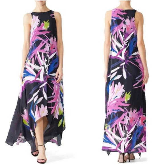 Josie Natori Prism Black Abstract Floral High Low Maxi Dress 4 - Picture 1 of 7